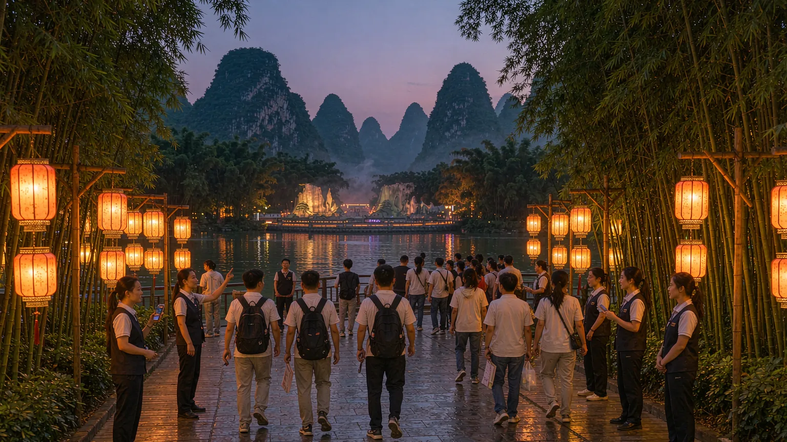 Visitors walking through lantern-lit entrance to open-air theater