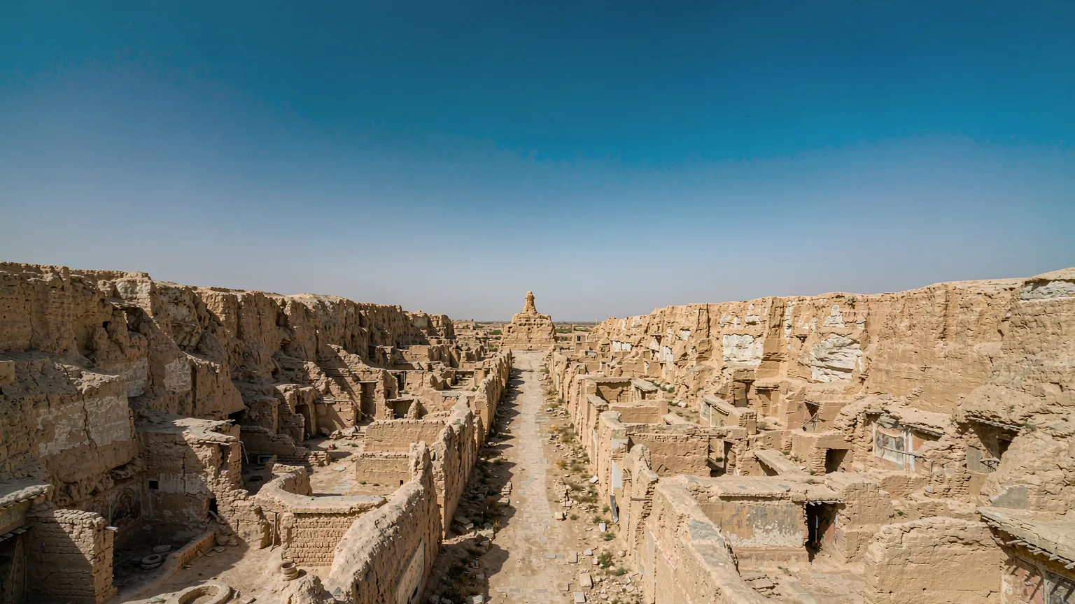 Central sunken avenue of Jiaohe Ancient City lined with eroded mud-brick ruins