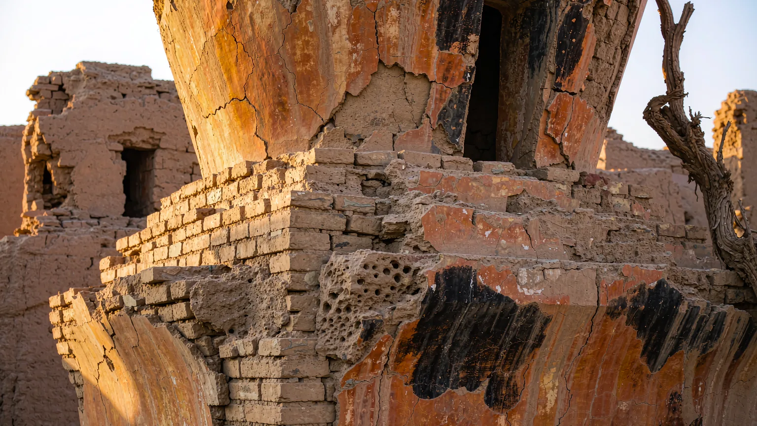 Weathered mud-brick Buddhist stupa base with erosion details at Jiaohe