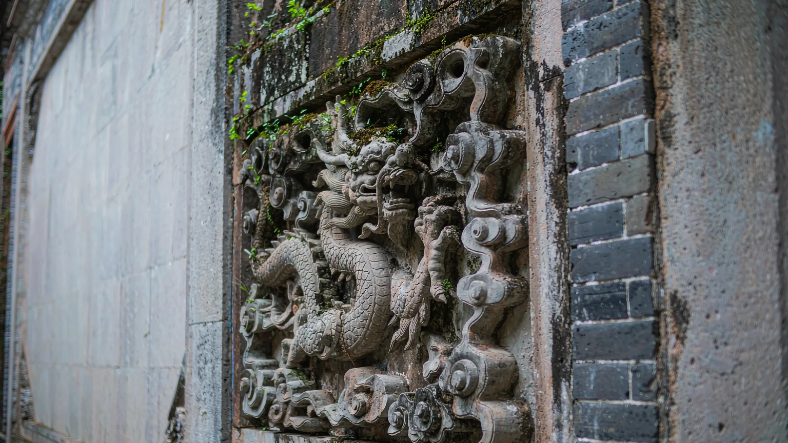 Weathered Ming dynasty stone carving detail at Jingjiang Princes' Palace
