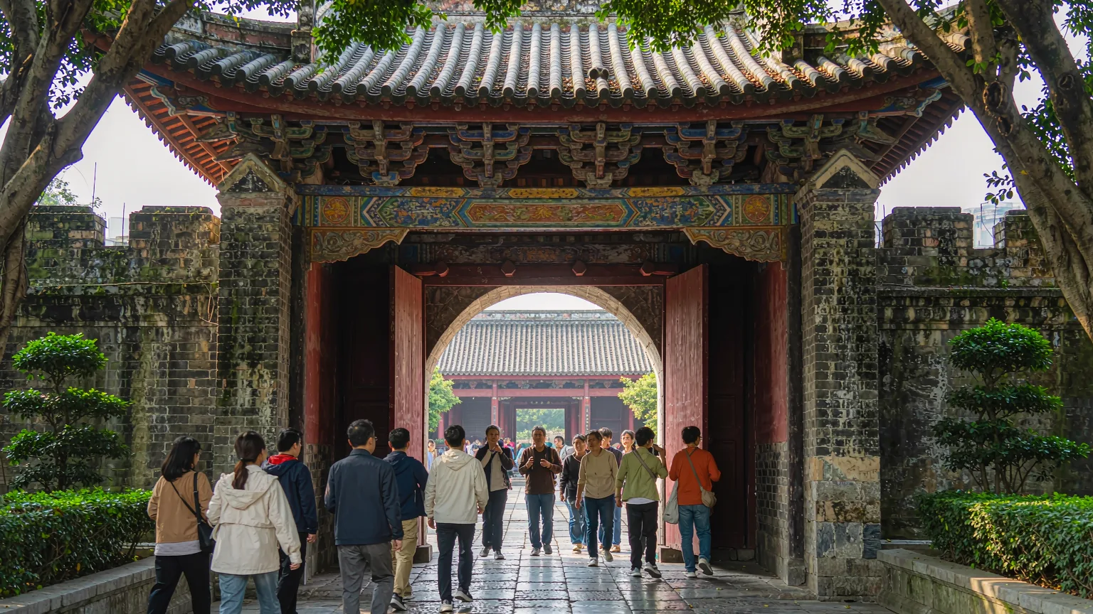 Tourists entering the main gate of Jingjiang Princes' Palace in Guilin