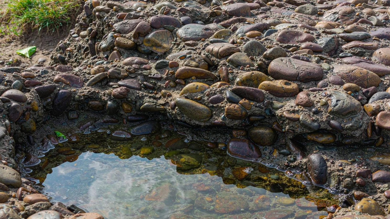 Detailed rock texture with tide pool at Jinshitan