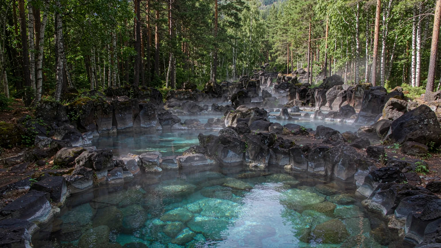 Turquoise geothermal pools of Julong Hot Springs amid volcanic rocks and forest