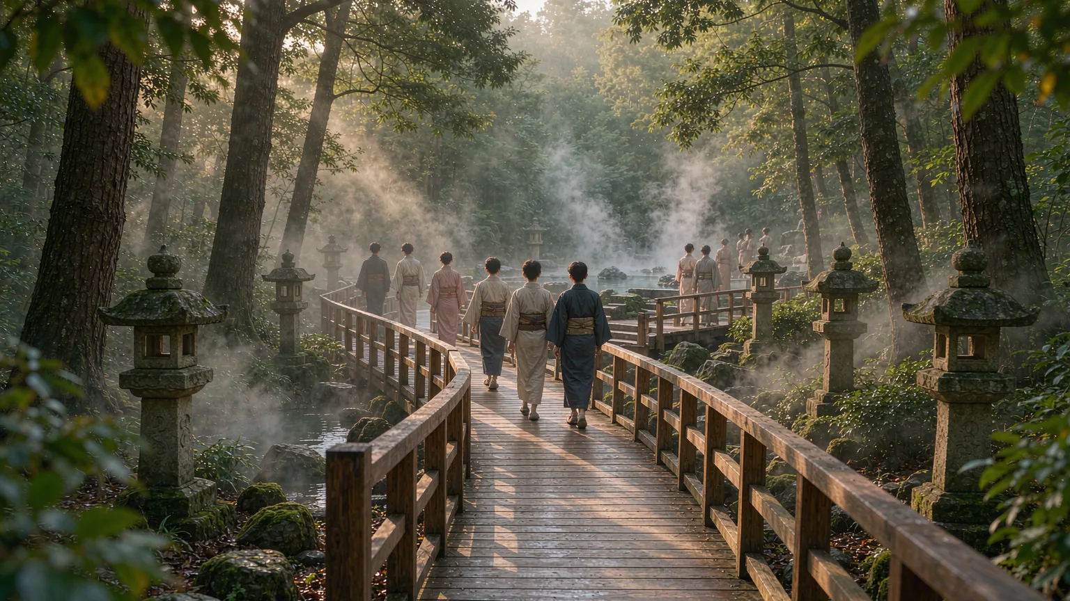 Wooden boardwalk winding through misty forest towards Julong Hot Springs pools