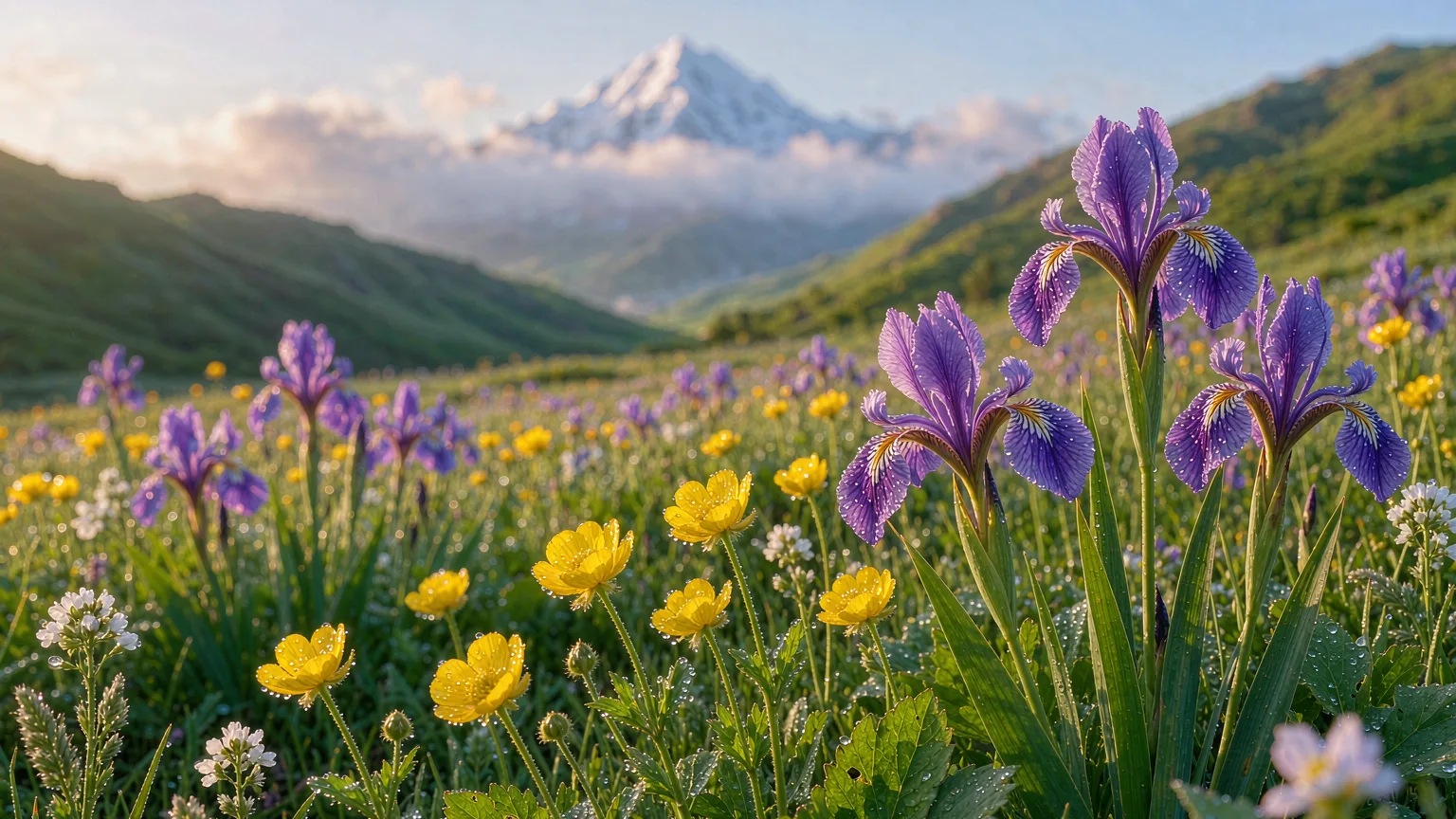 Close-up of colorful wildflowers on Kalajun Grassland with hills behind
