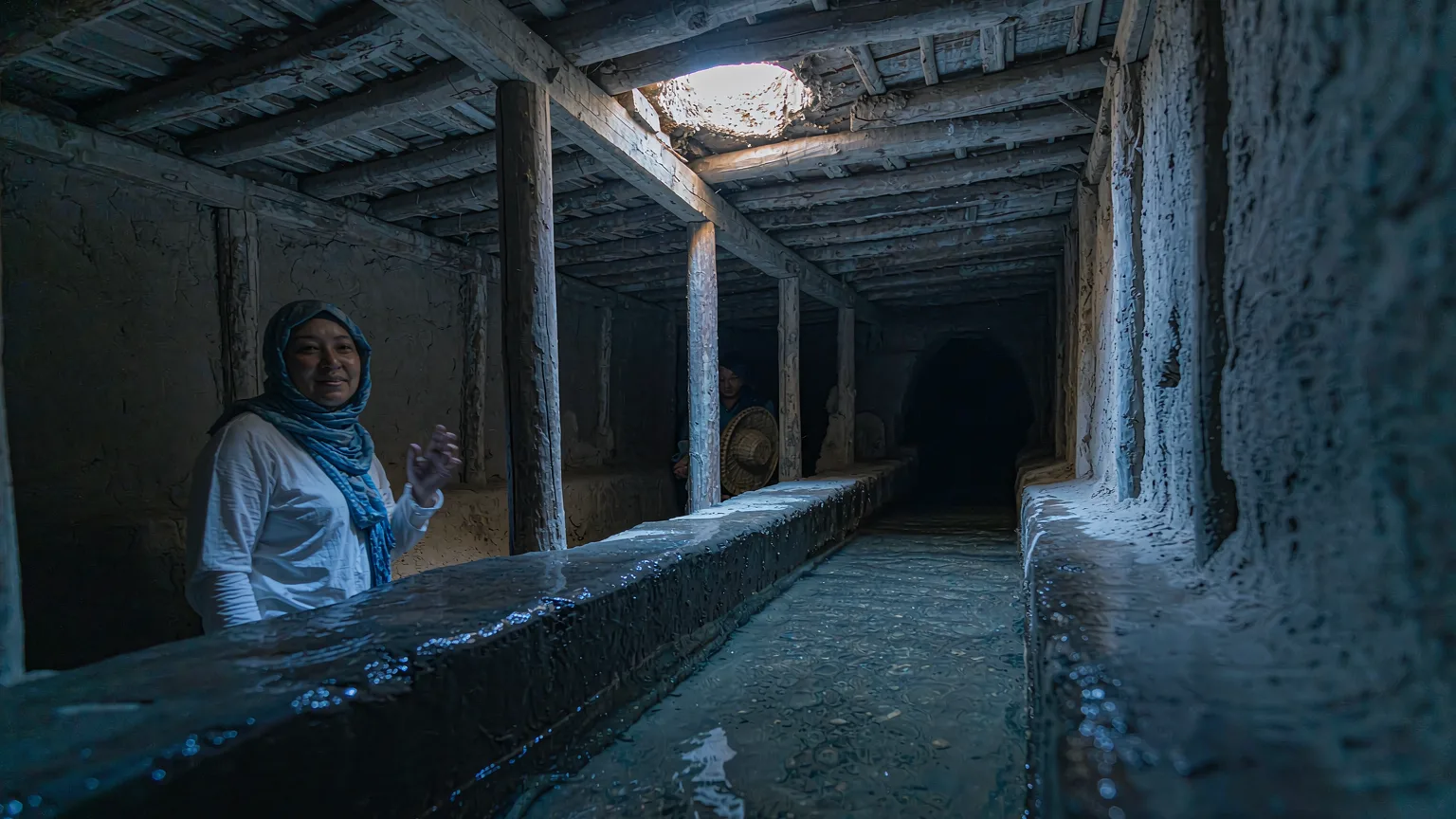 Underground Karez tunnel with flowing water and guide in Turpan