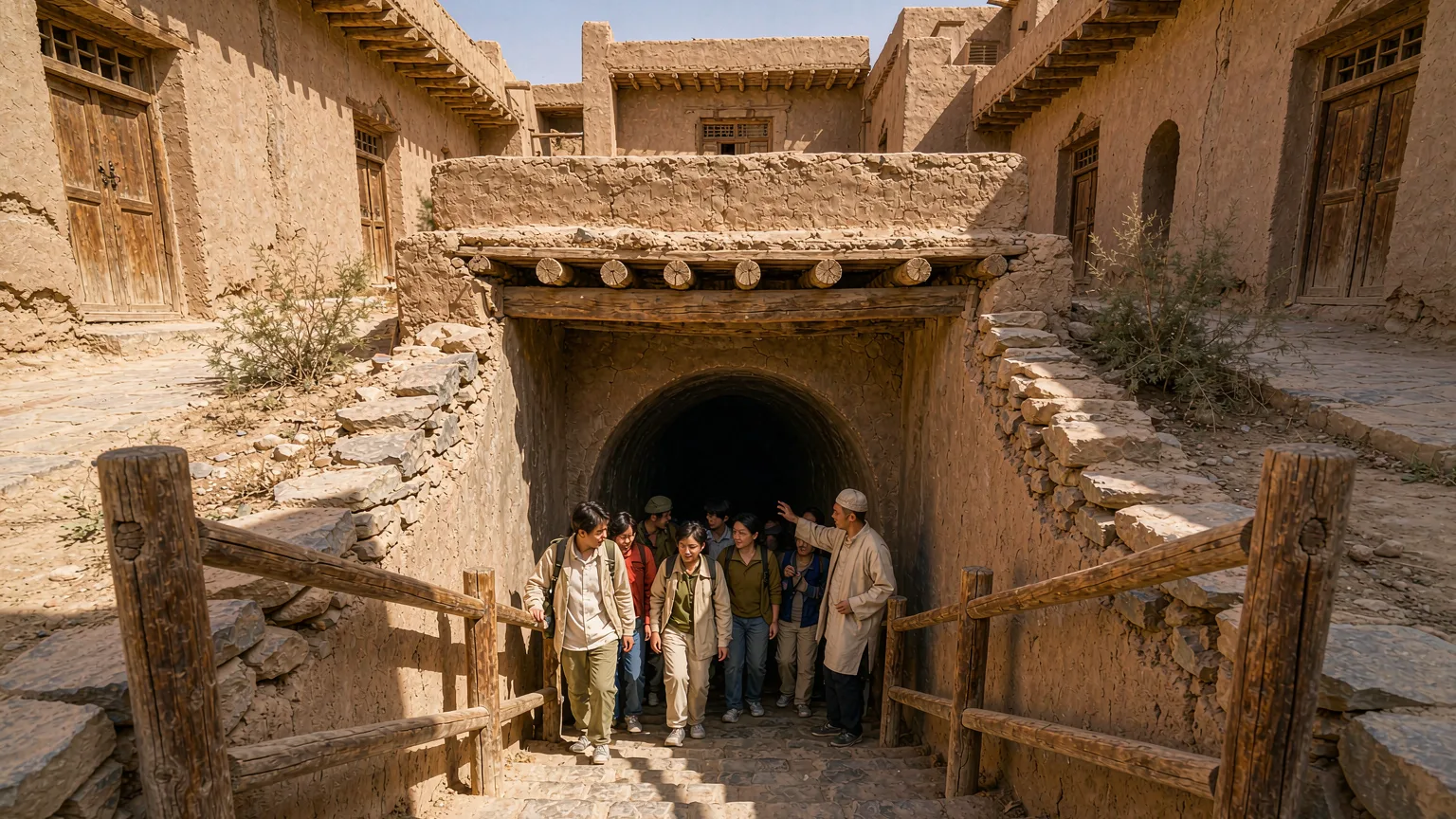 Tourists entering Karez underground tunnel in Turpan with guide