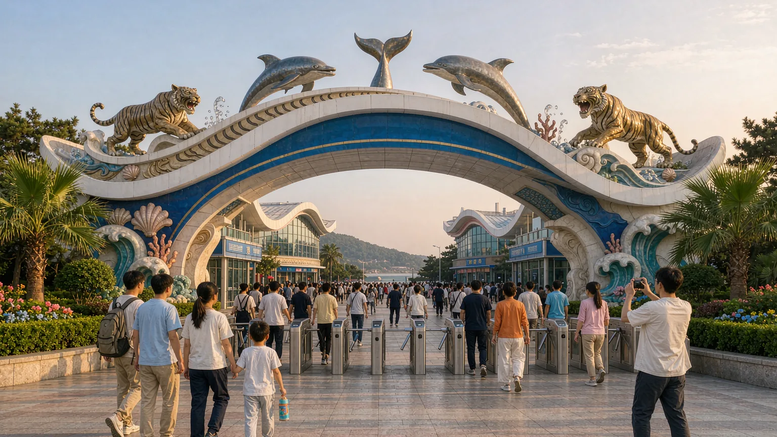 Families entering the landscaped main gate plaza of Laohutan Ocean Park
