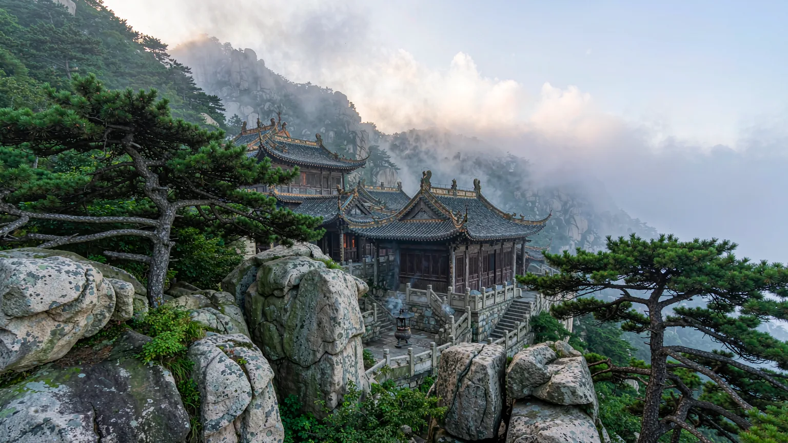 Ancient Taoist temple among granite boulders and pines on Laoshan