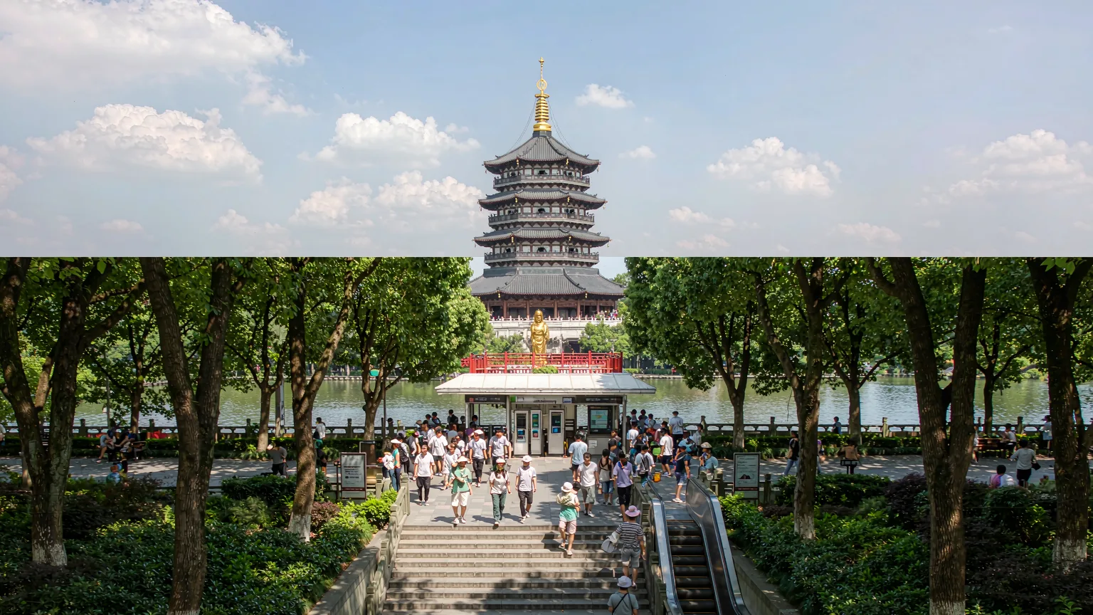 Visitors walking the shaded path toward Leifeng Pagoda's entrance plaza