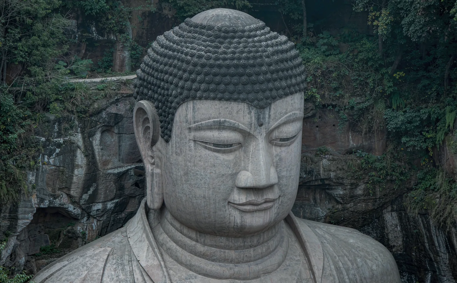 Close-up of the head of the Leshan Giant Buddha with spiral hair curls