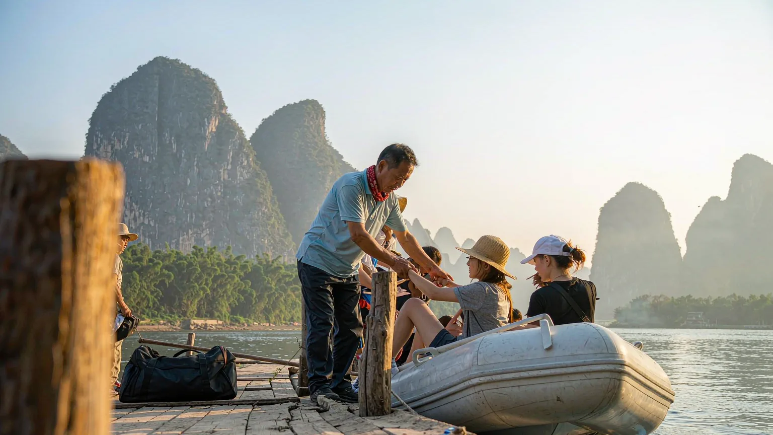 Tourists boarding a small boat at Li River pier with karst backdrop