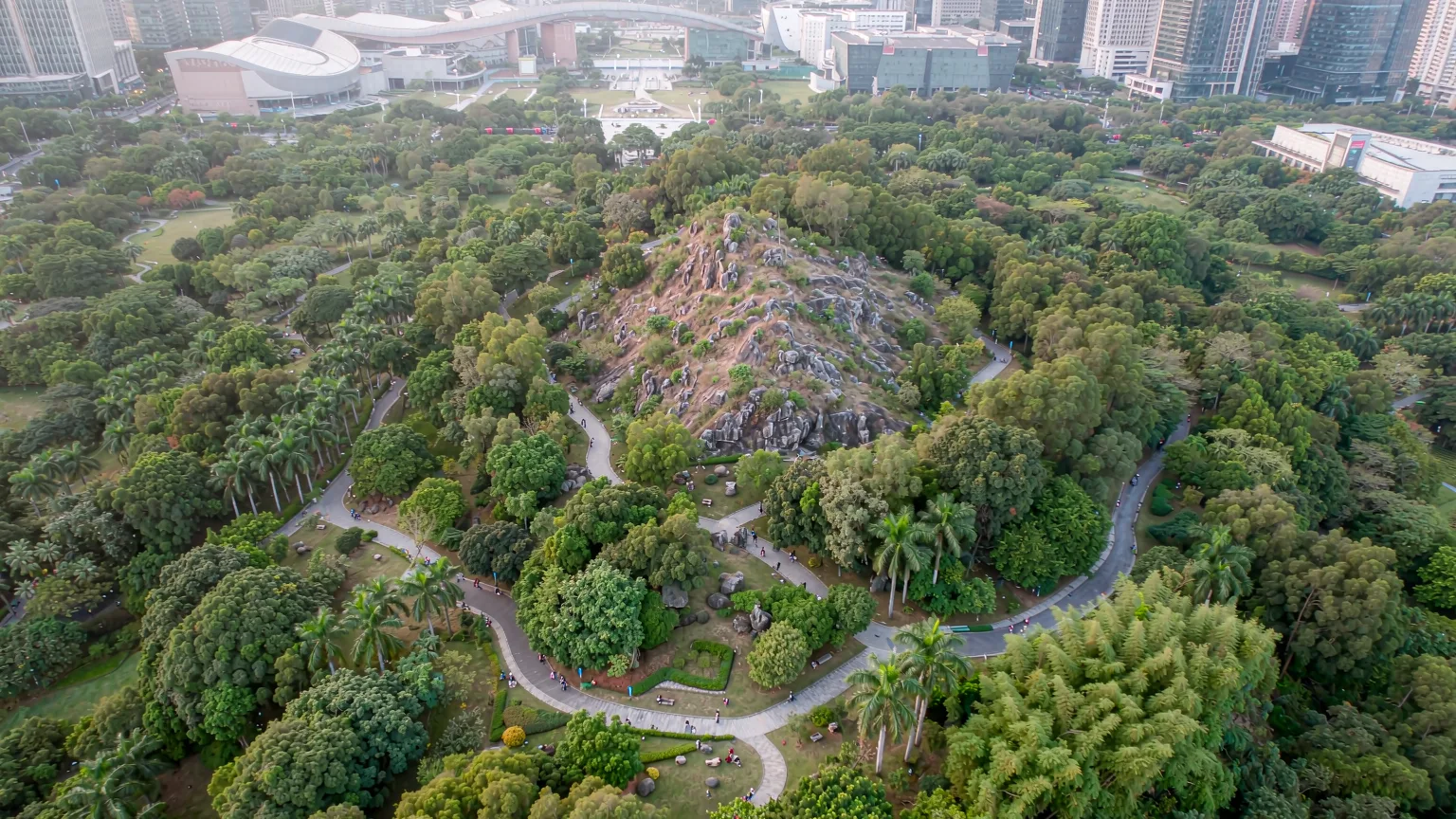 Aerial view of Lianhuashan Park's green trails and Futian skyline beyond
