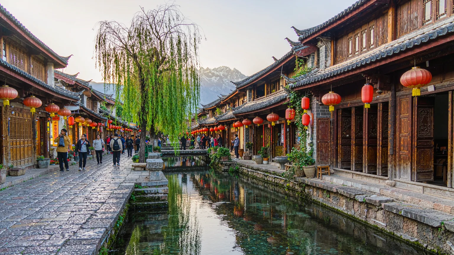 Canal and wooden buildings in Lijiang Old Town with mountains behind