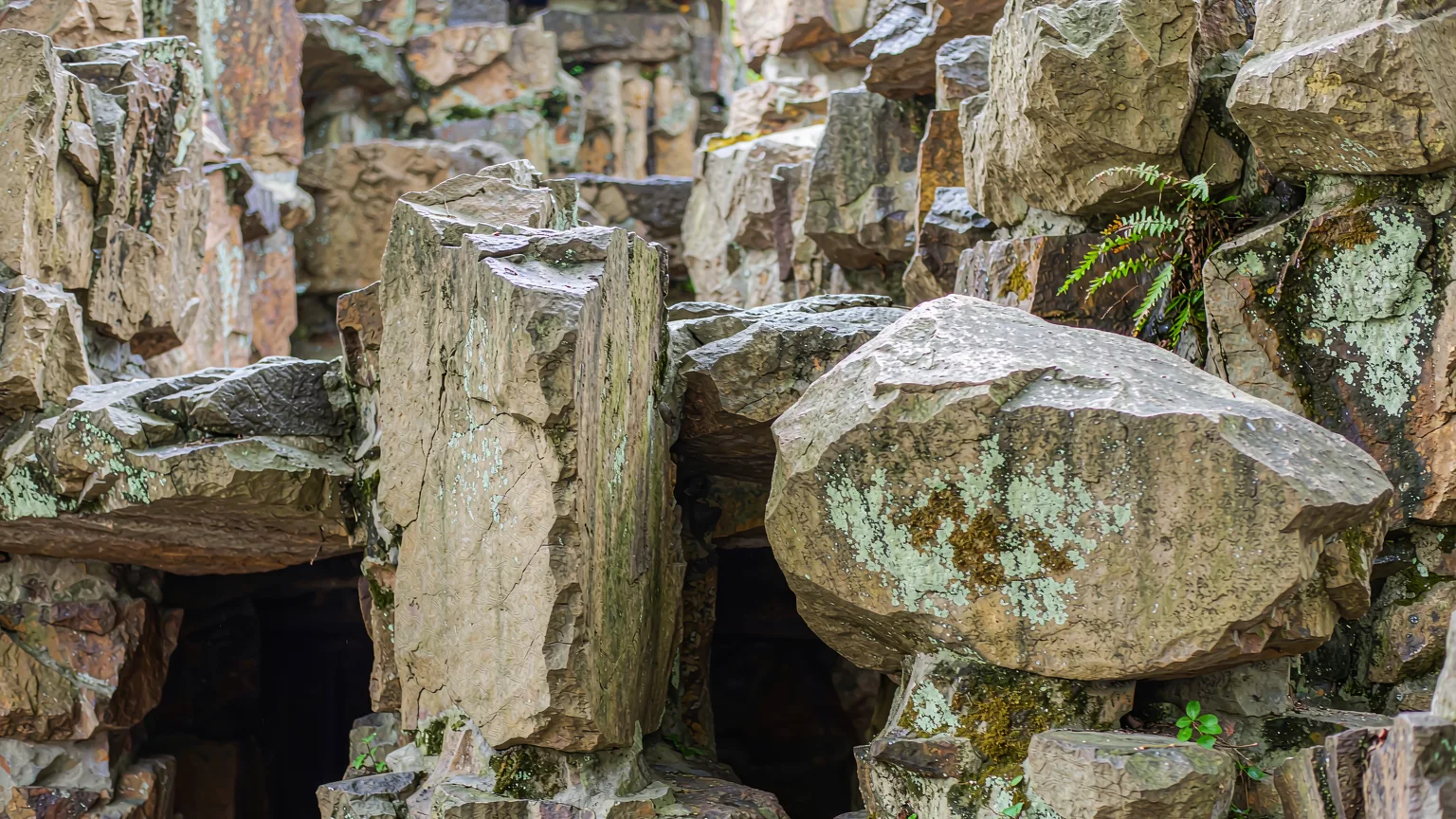 Detailed limestone rockery with cave entrance and moss at Lion Grove Garden