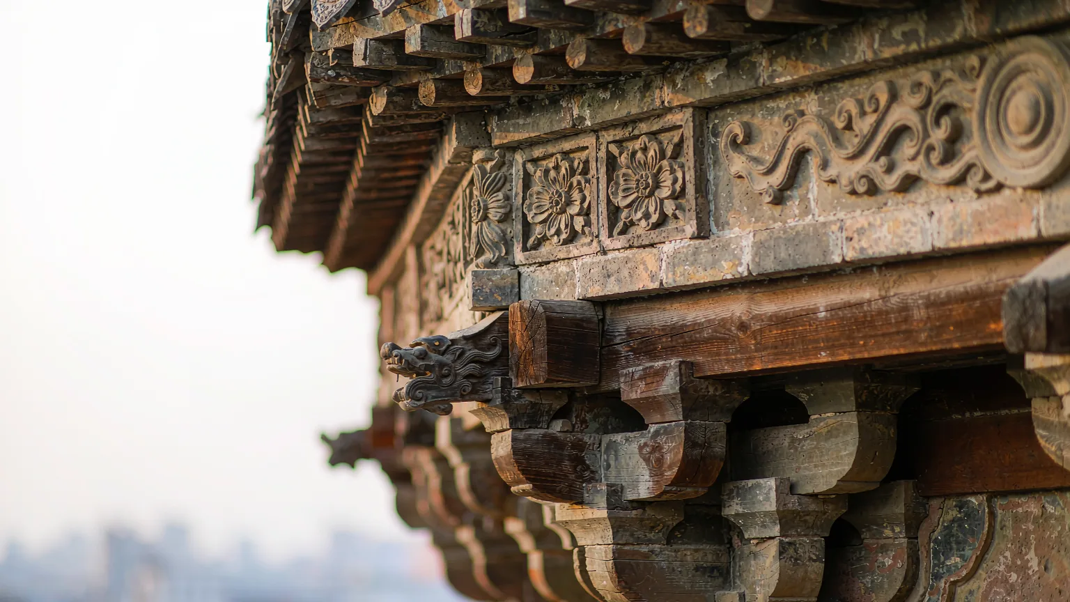Close-up of carved brick and wooden details on Liuhe Pagoda