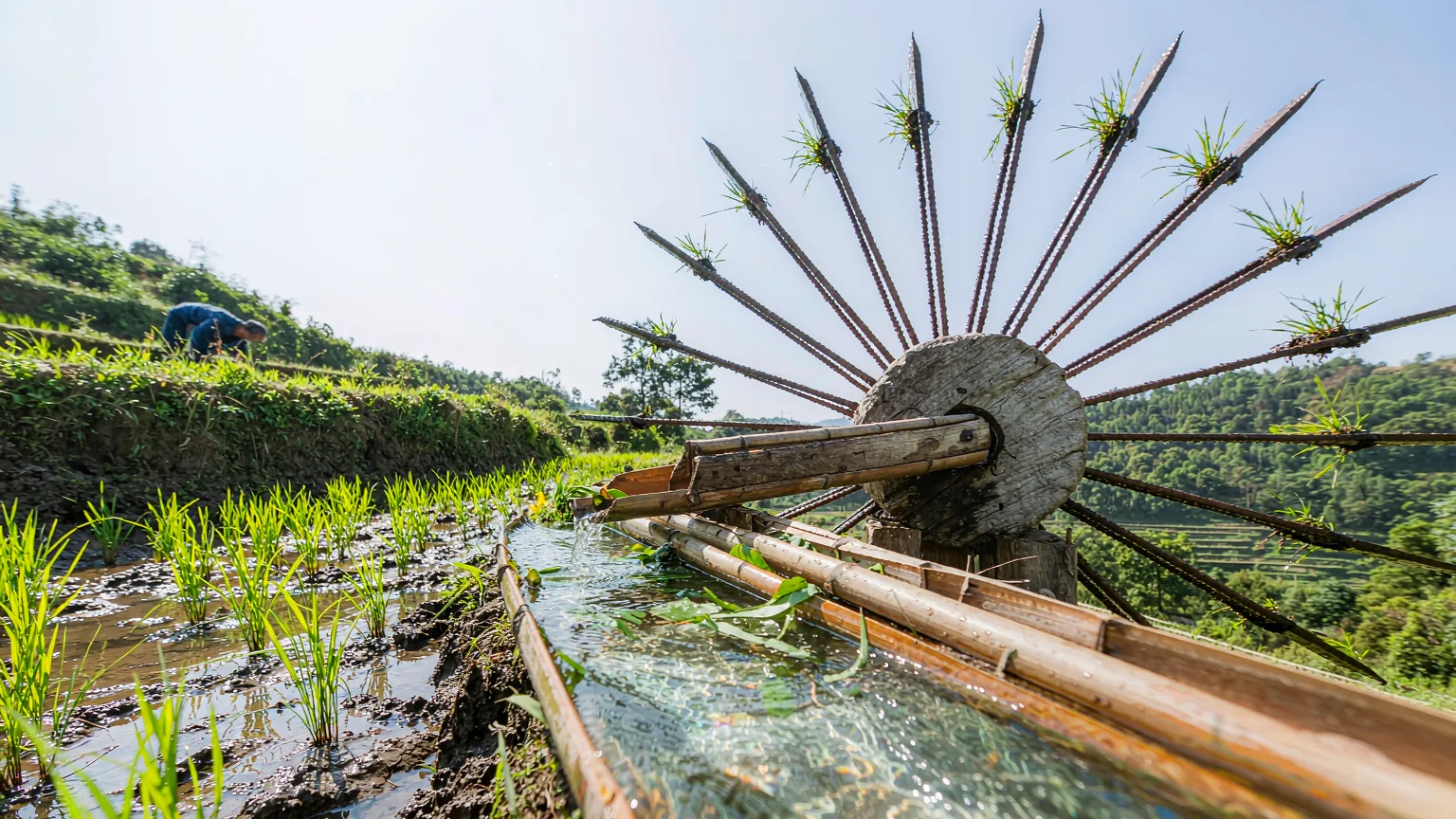 Close-up of water wheel and irrigation channels at Longji Rice Terraces with farmer