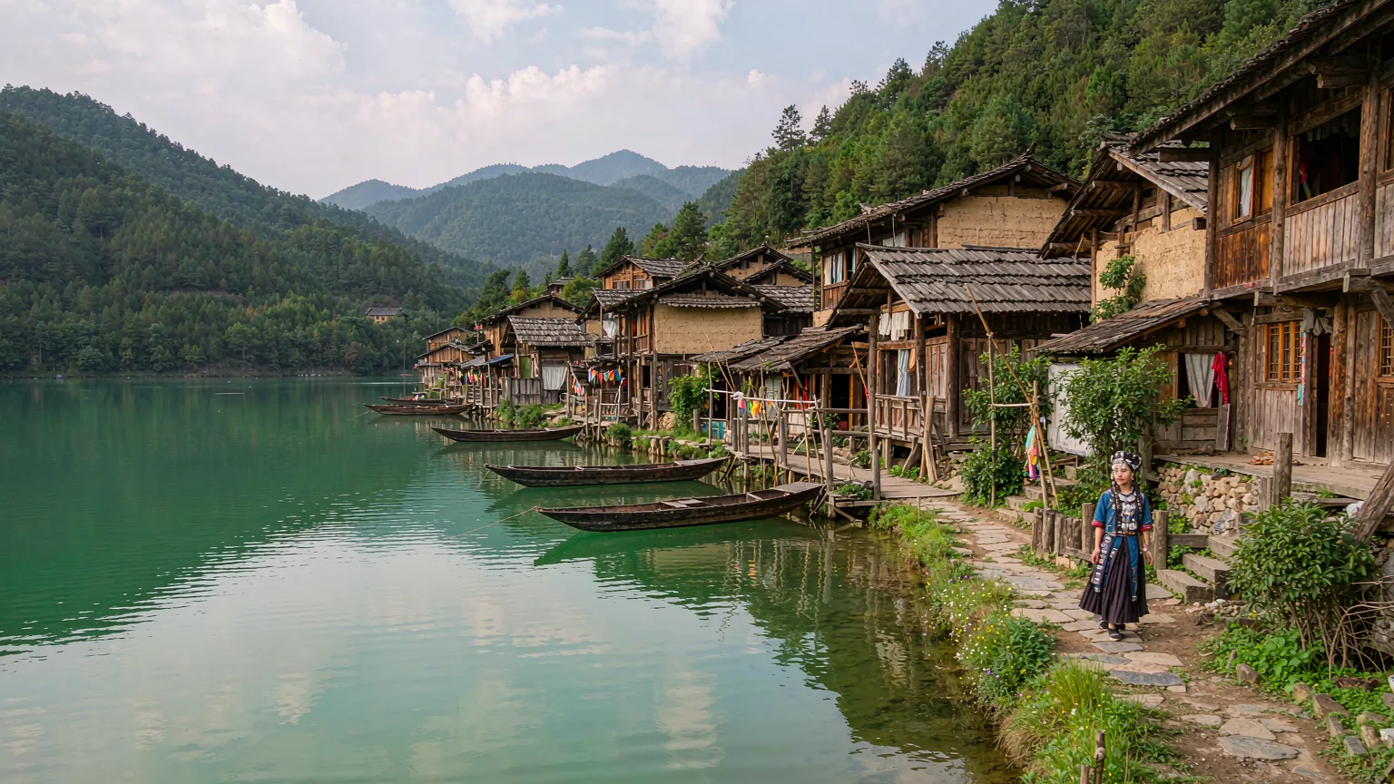 Mosuo wooden houses along Lugu Lake with a woman in traditional dress