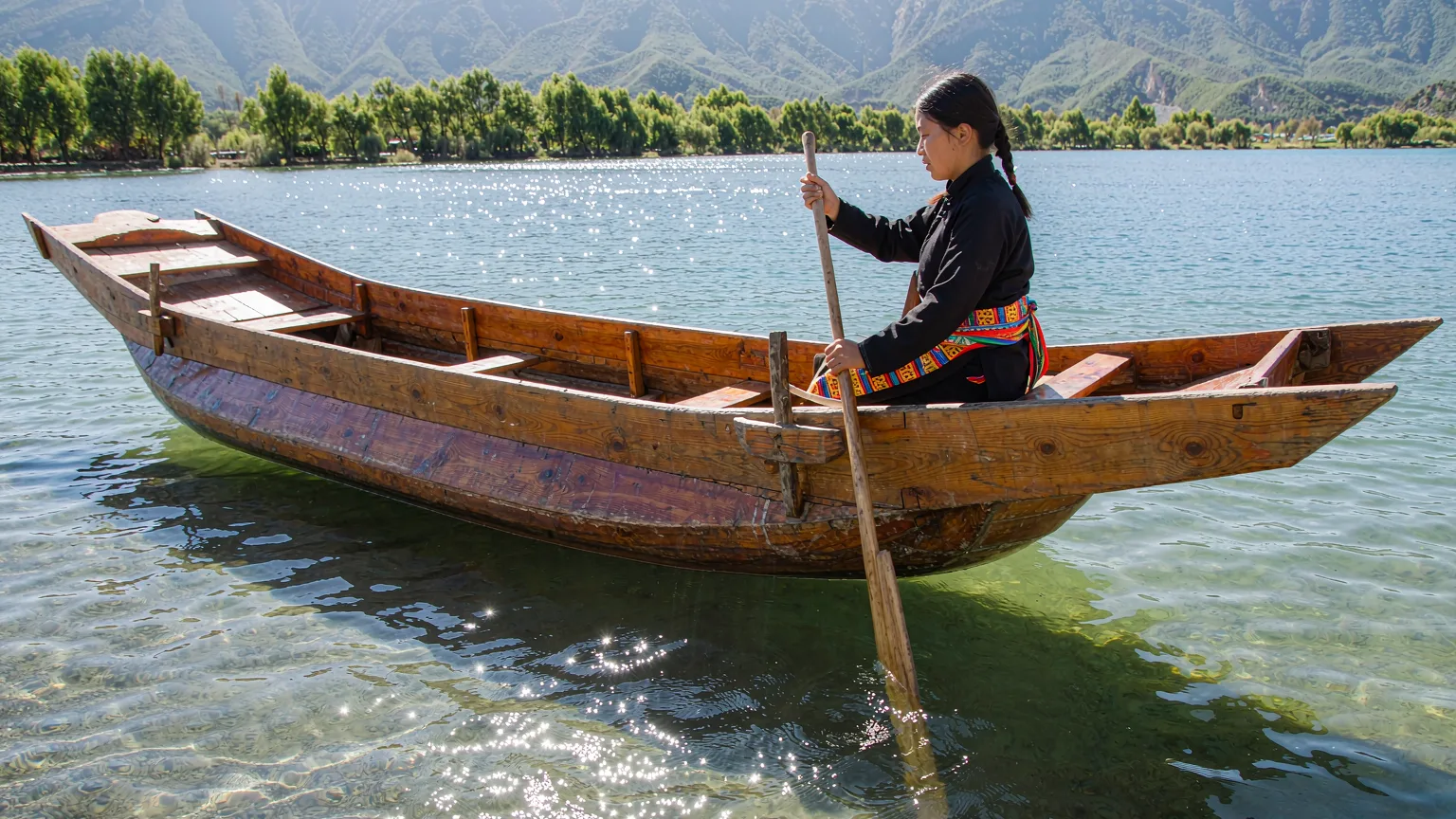 Close-up of a Mosuo wooden boat with a woman rowing on Lugu Lake