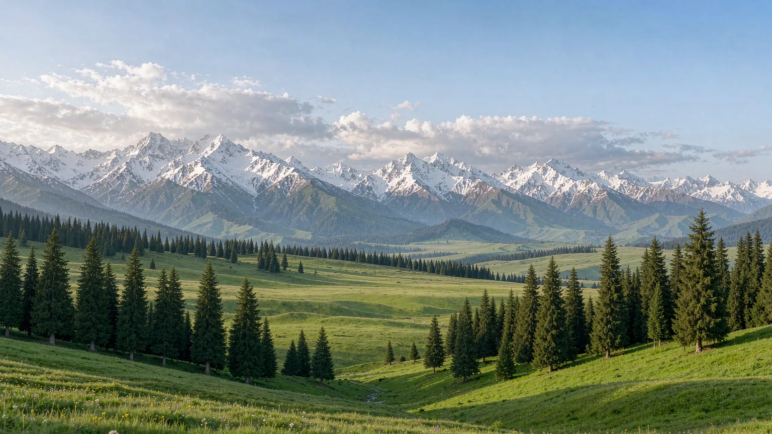 Alpine meadows with spruce fir and pine trees backed by snow-capped peaks