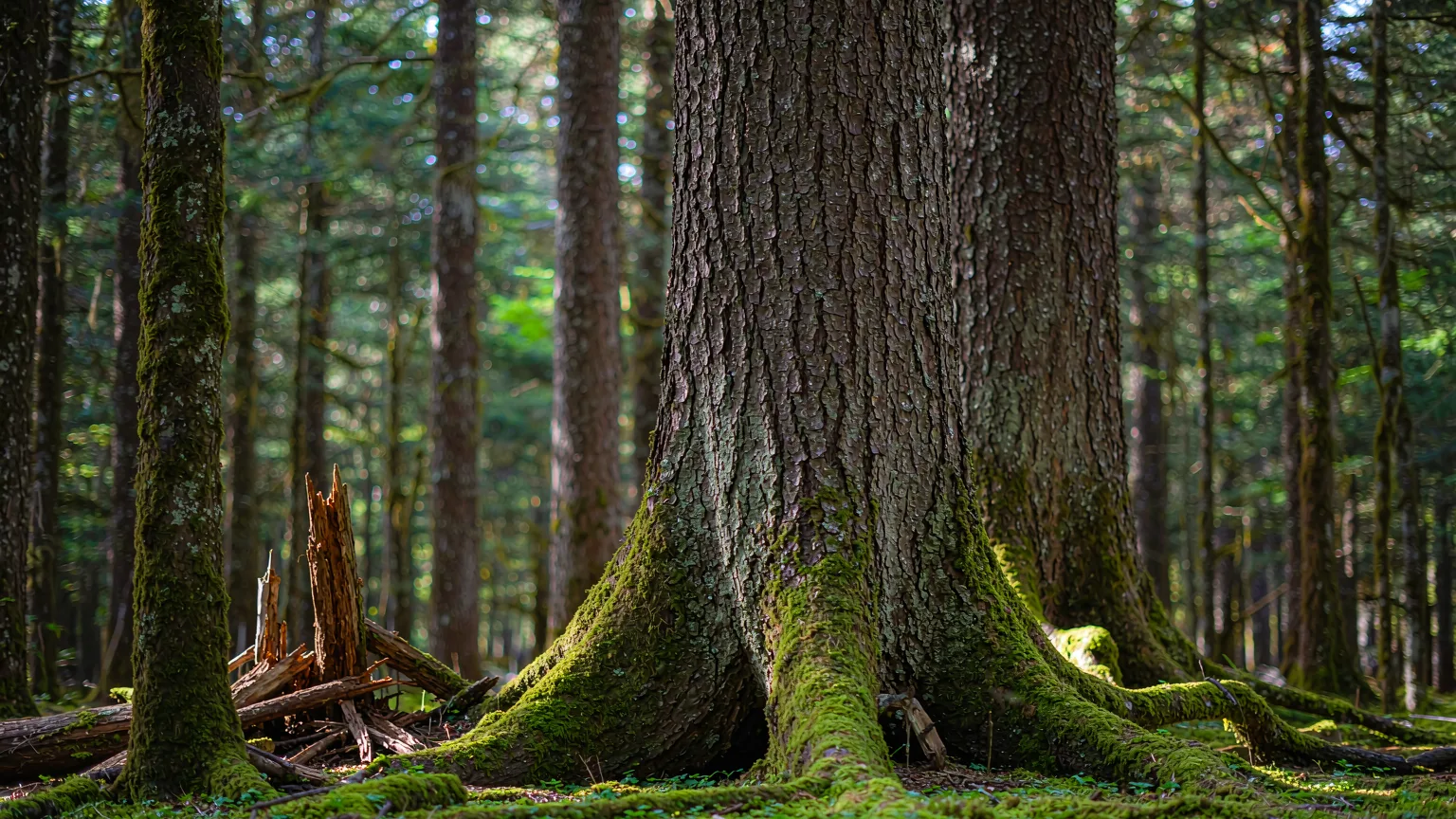 Close-up of ancient spruce tree bark and moss in Lulang Forest