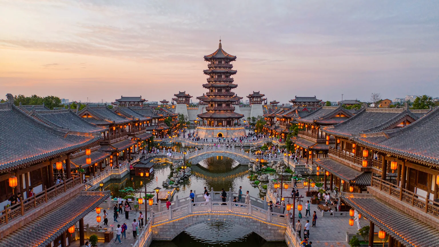 Wenfeng Pagoda and Tang-style architecture with canals in Luoyi Ancient City