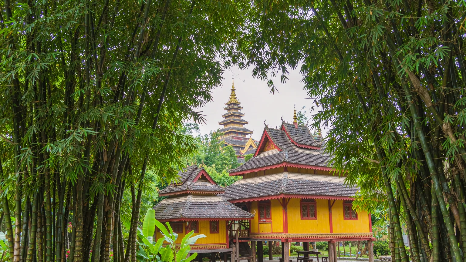 Traditional Dai stilt houses surrounded by tropical plants in Manting Park
