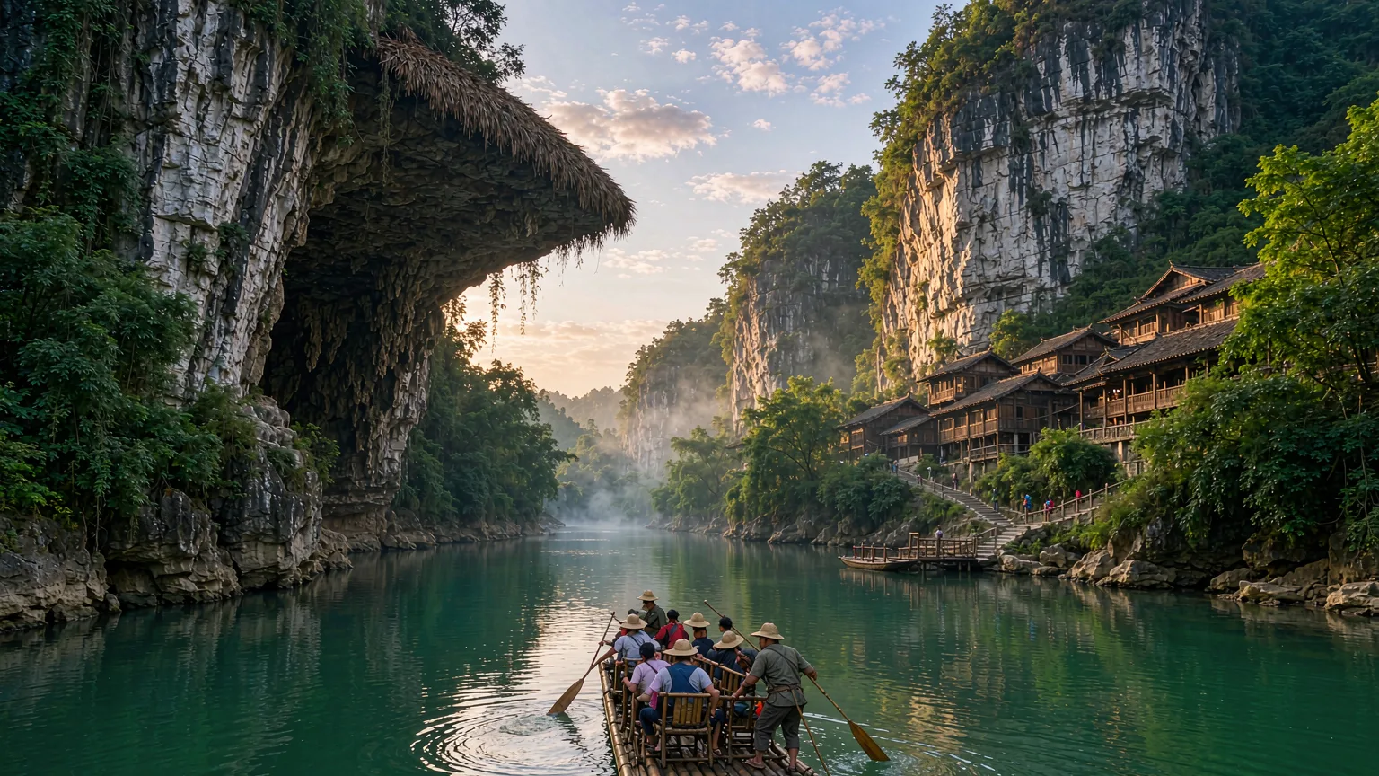 Rafters paddling past towering cliffs and a Tujia village on Maoyan River