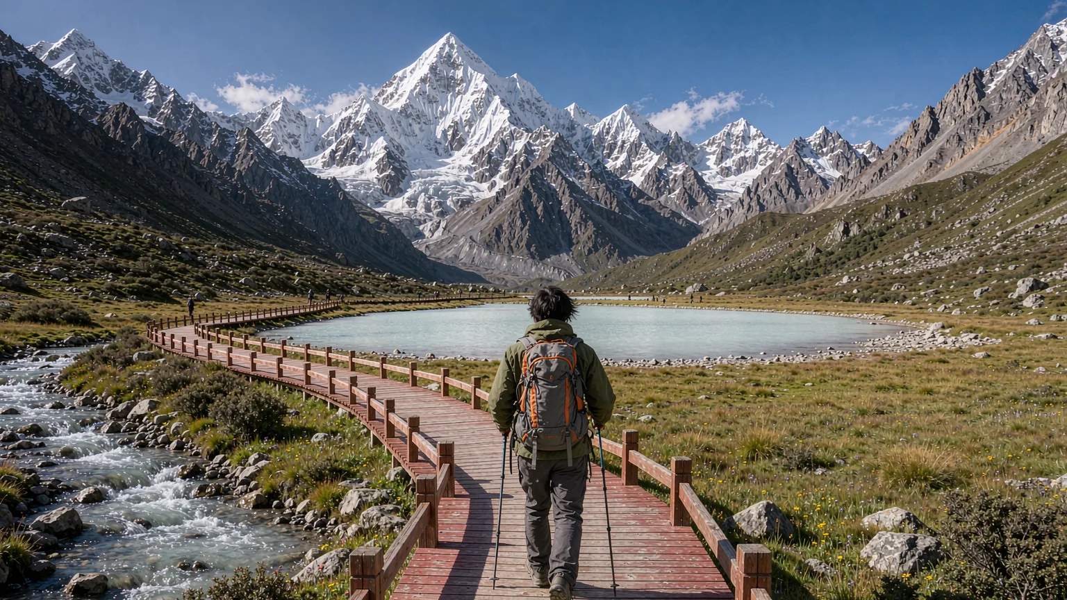 Hiker on boardwalk trail approaching Milk Lake in Yading