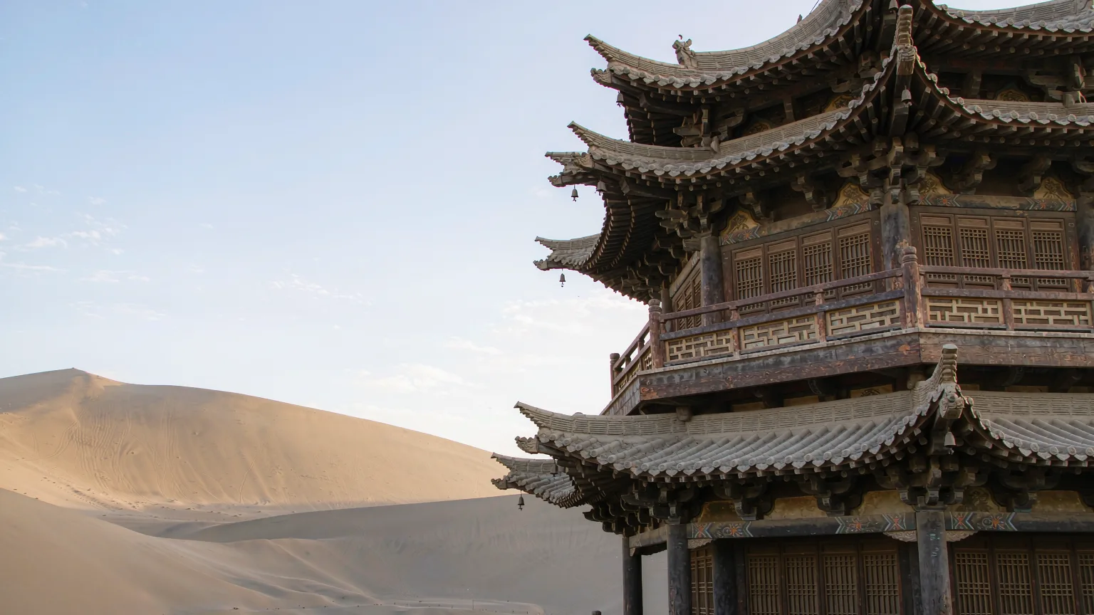 Detailed view of a pagoda's architecture at Crescent Lake oasis