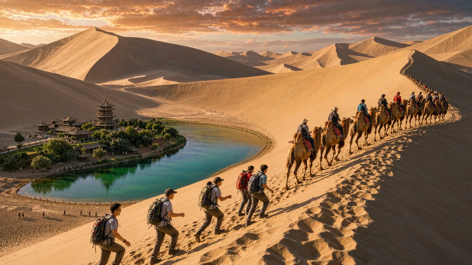 Tourists riding camels across sand dunes near Crescent Lake