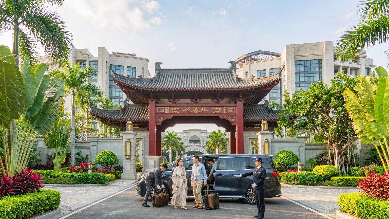 Visitors arriving at the entrance of Mission Hills Haikou Resort