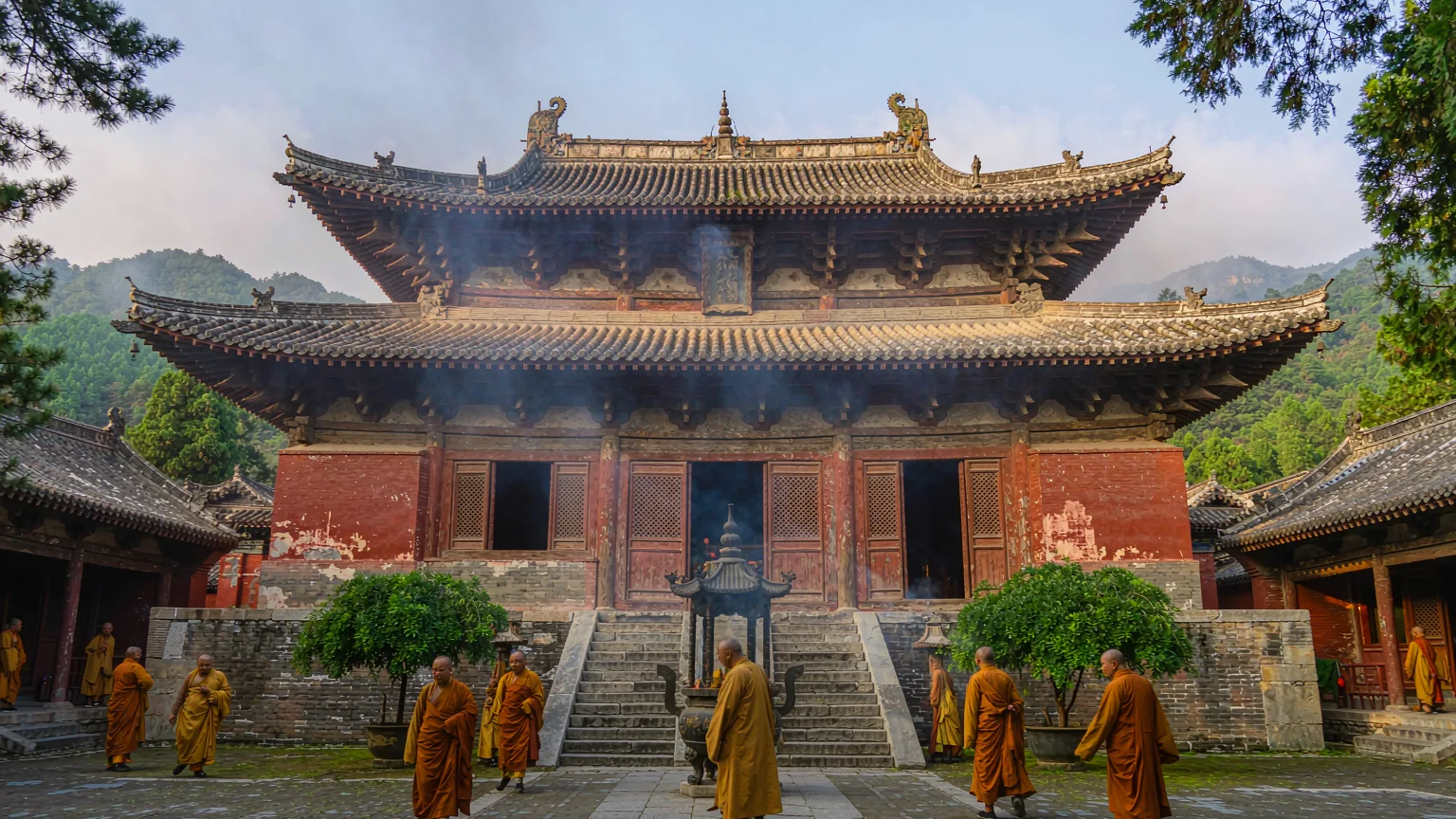 Shaolin Temple main hall with monks and incense smoke