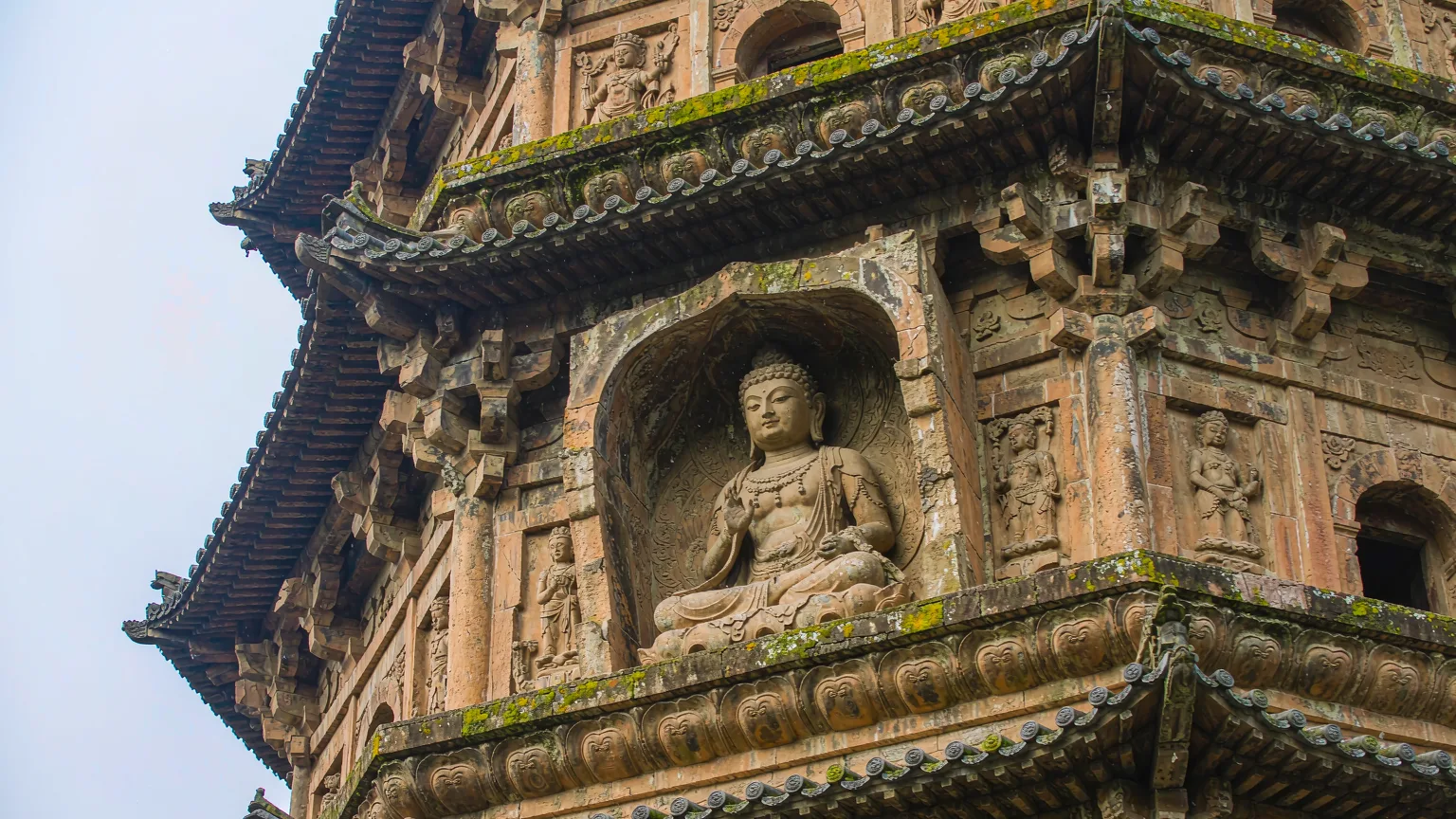 Intricate stone carvings on ancient pagoda at Mount Song
