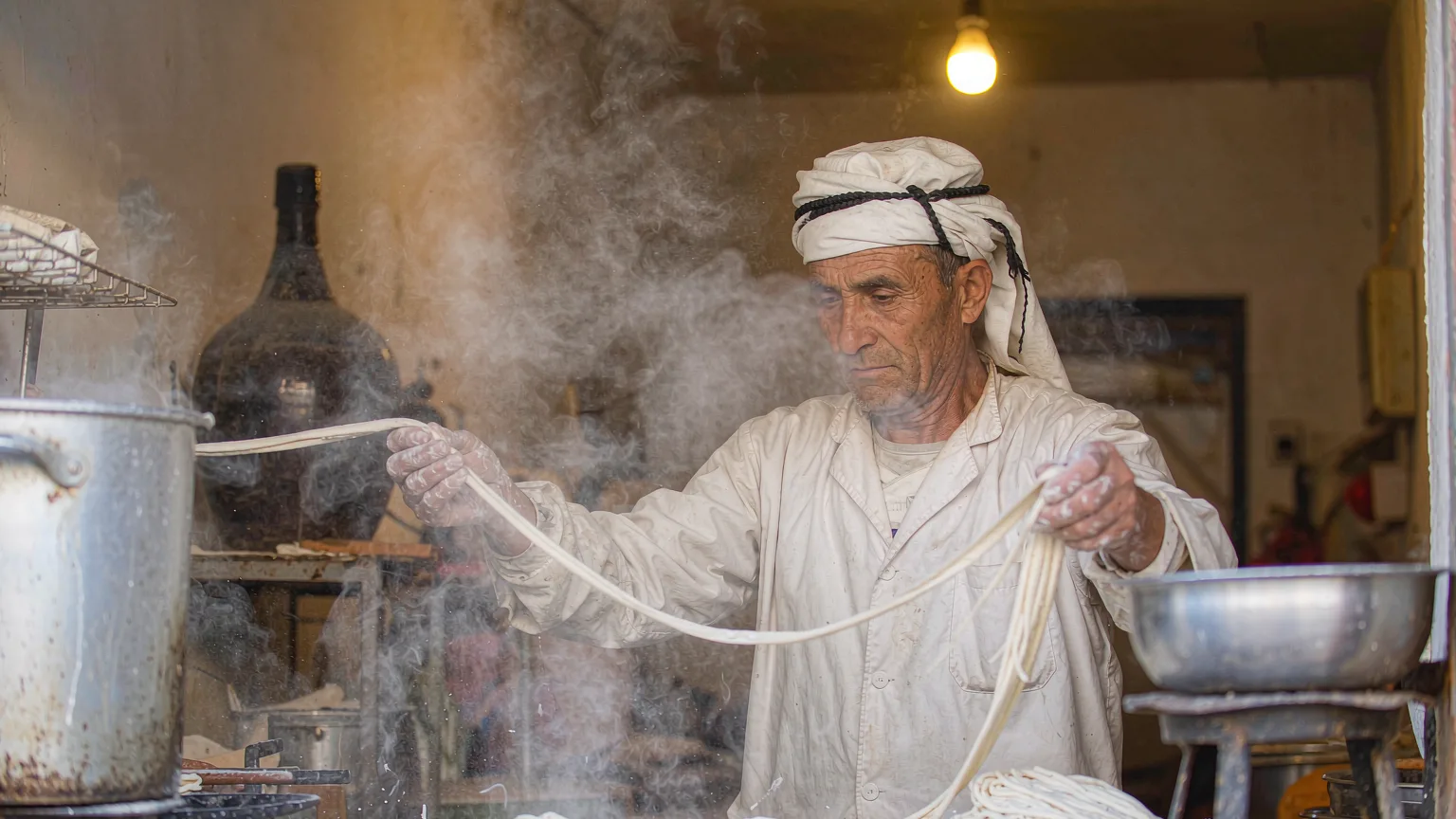 Hui chef hand-pulling noodles in a Xian Muslim Quarter kitchen