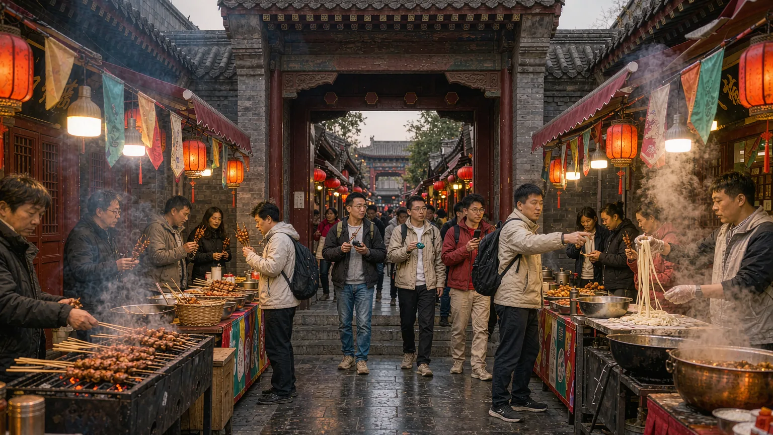 Tour group entering Xian Muslim Quarter through a traditional archway