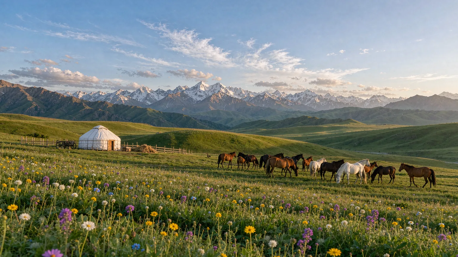 Summer meadow at Nalati Grassland with grazing horses and a Kazakh yurt