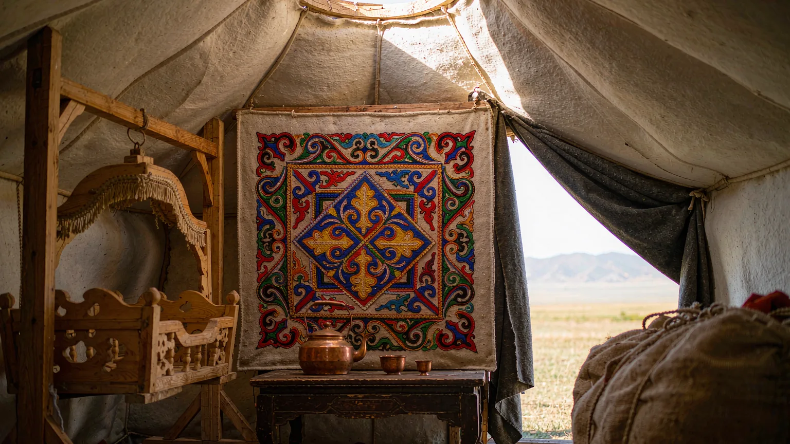 Detailed Kazakh embroidery and yurt interior at Nalati Grassland