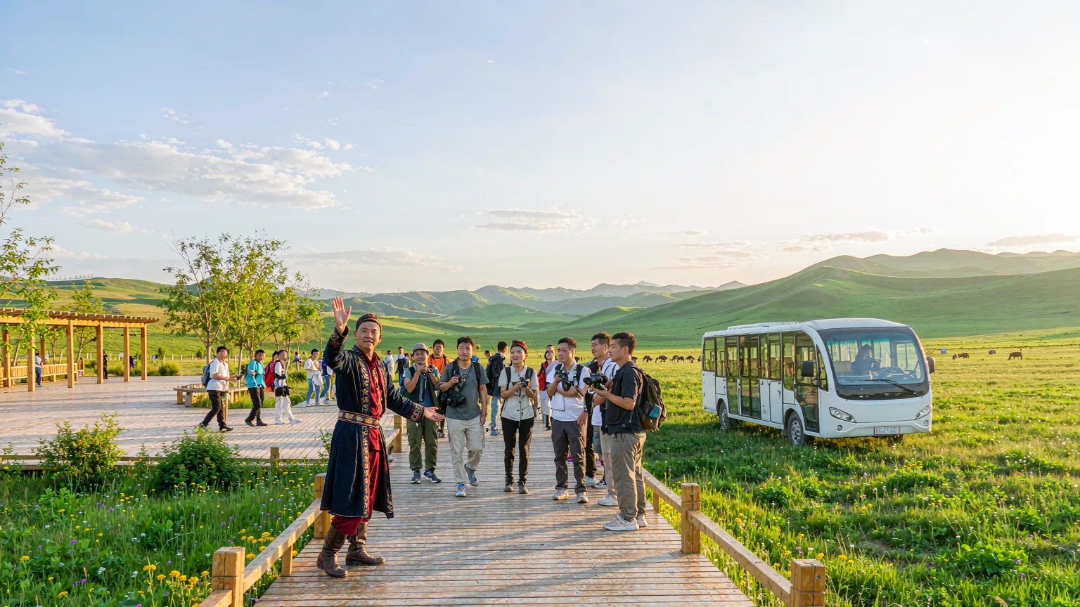Tourists arriving at Nalati Grassland entrance with boardwalk and shuttle bus