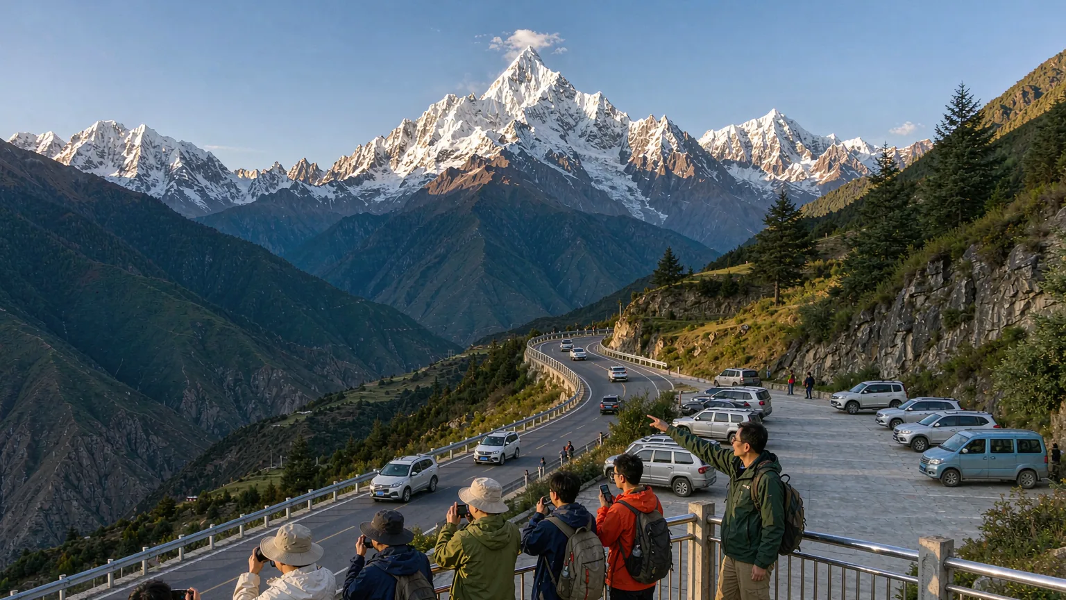 Travelers at a viewpoint in Nyingchi admiring distant Namcha Barwa peak