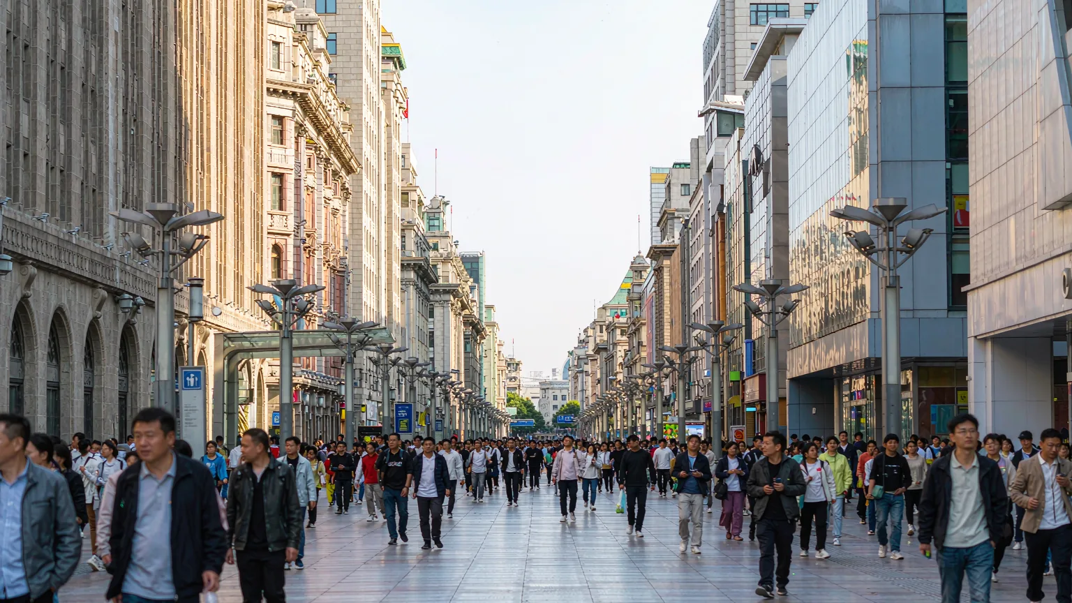 Tourists entering Nanjing Road Pedestrian Street from People's Square on a sunny day