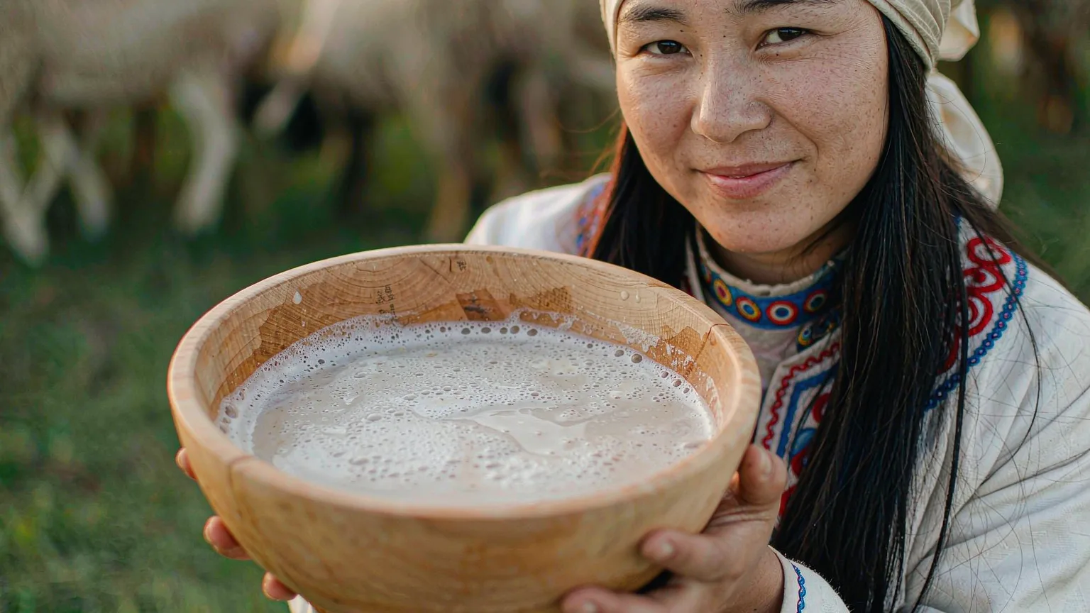 Kazakh herder holding wooden bowl of kumis at Nanshan Pasture