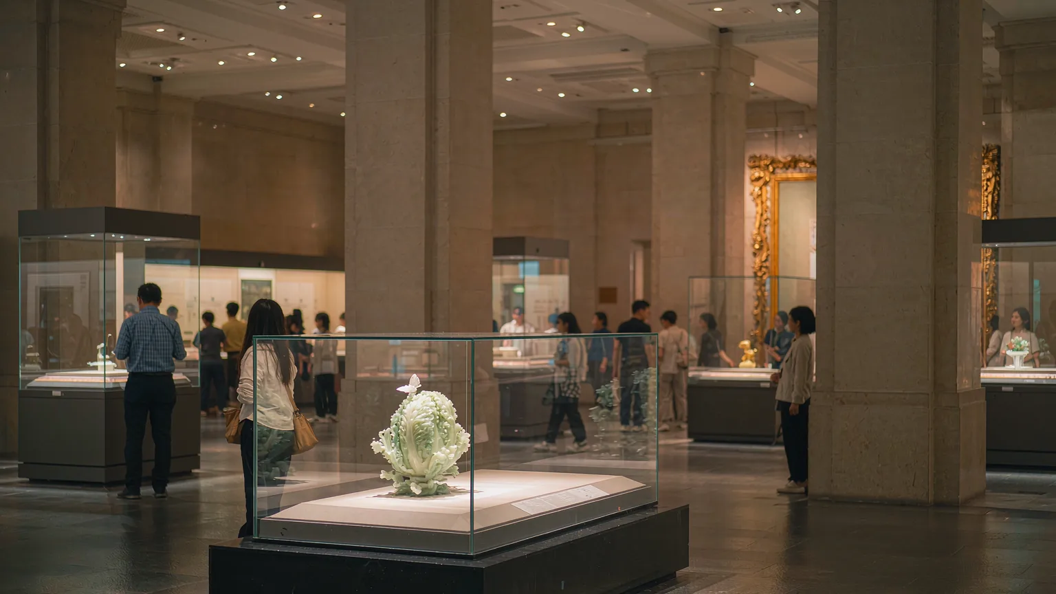 Visitors viewing the Jadeite Cabbage in a glass case at National Palace Museum