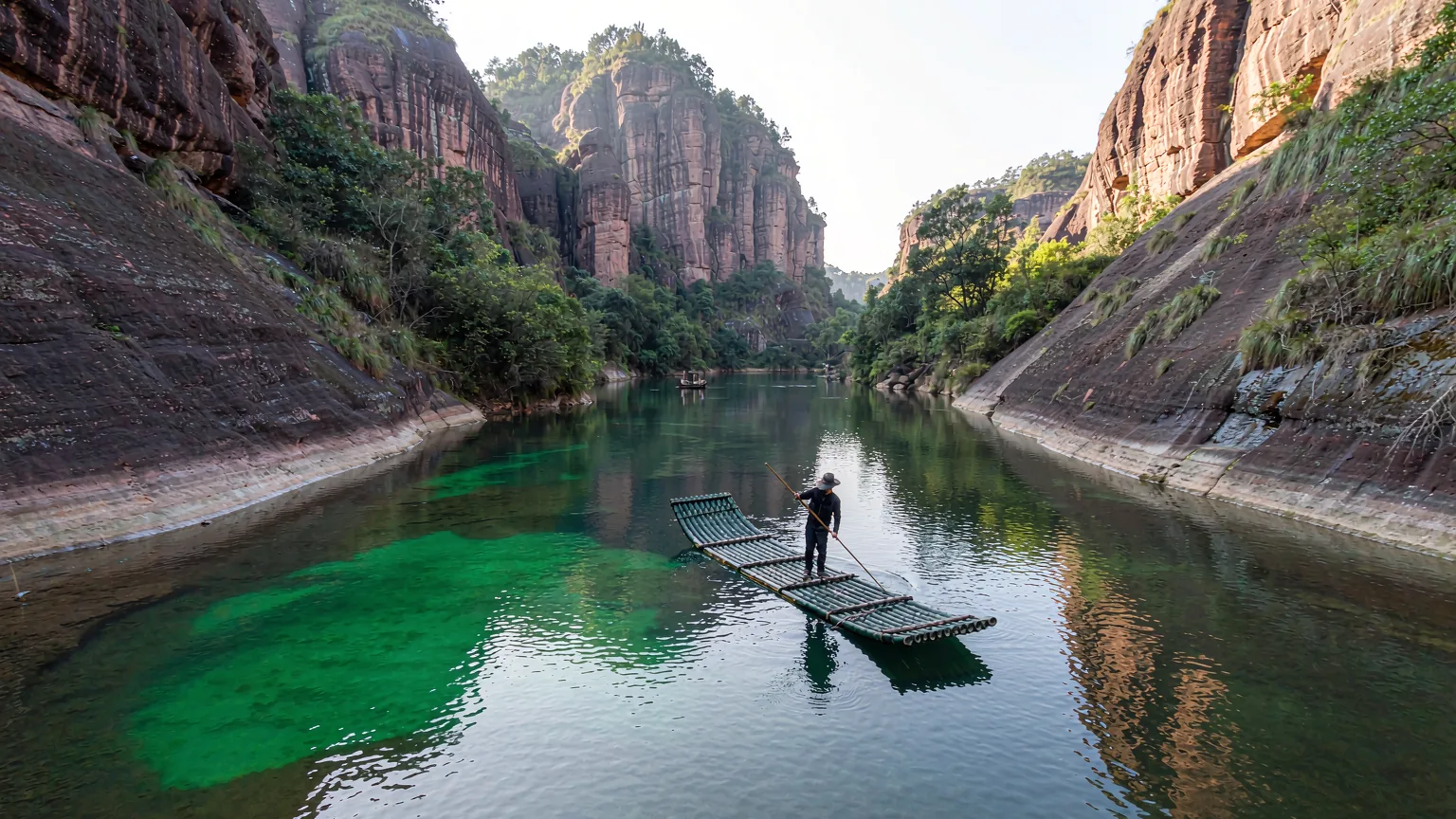 Bamboo raft drifting on Nine-Bend Stream surrounded by red cliffs