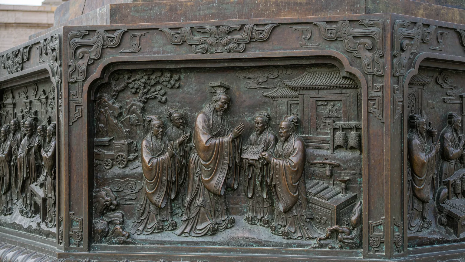 Detailed bronze relief panel showing Confucius life scenes at Nishan