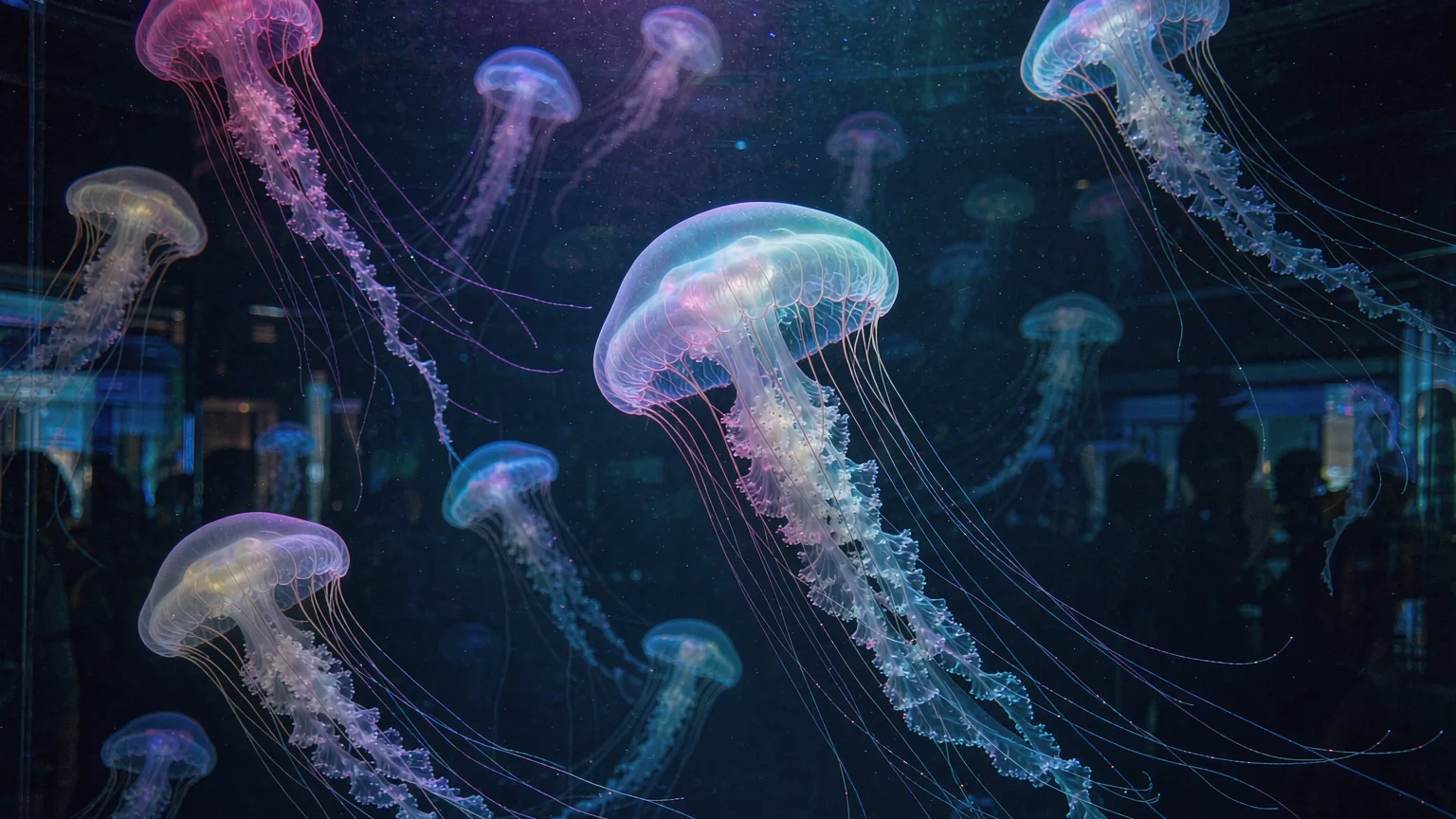 Glowing jellyfish in dark tank at Ocean Park Hong Kong