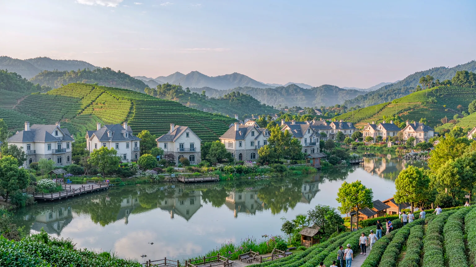 Tea Stream Valley with terraced tea plantations and European-style buildings