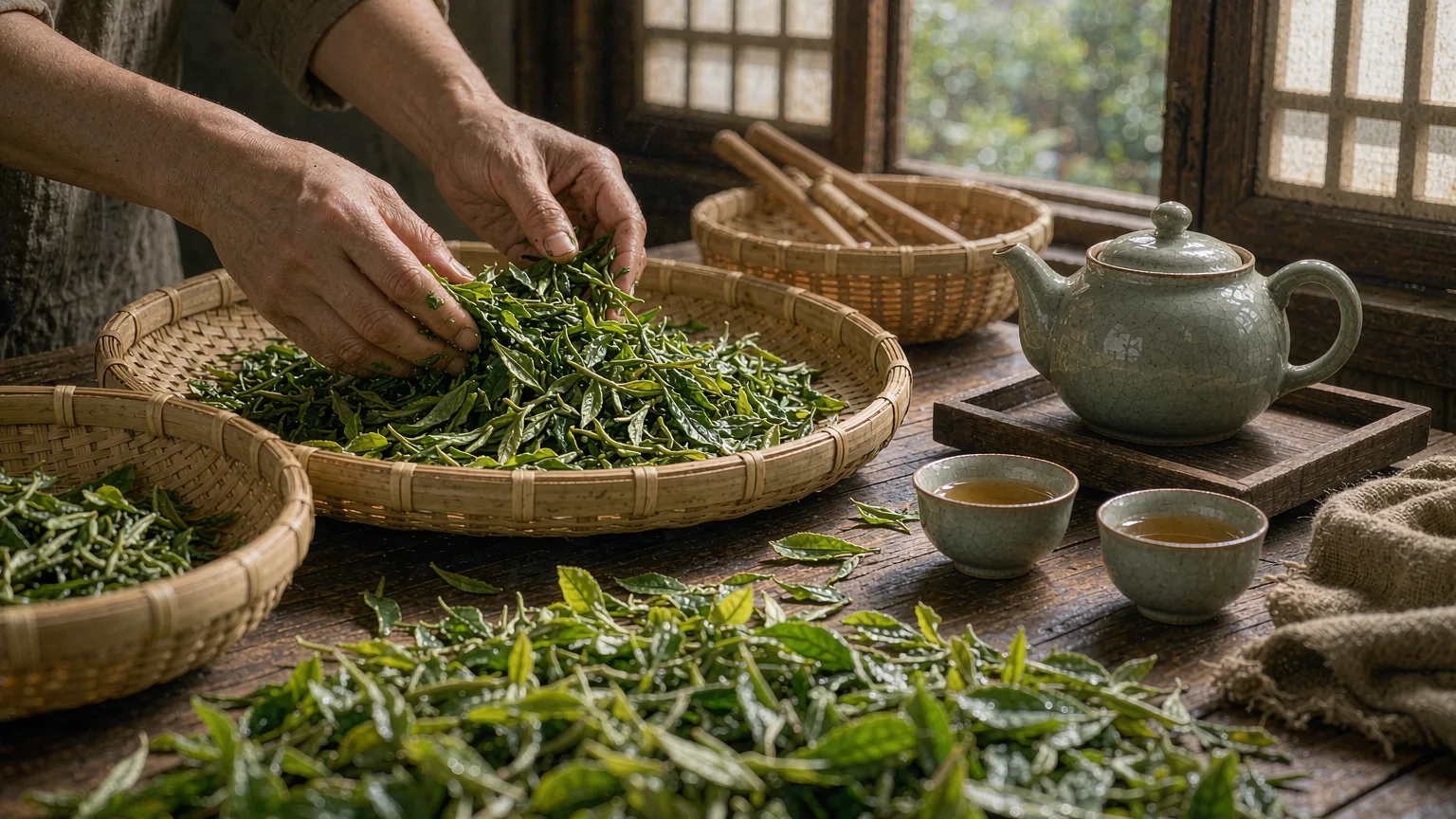 Close-up of tea leaves and teapot in Tea Stream Valley