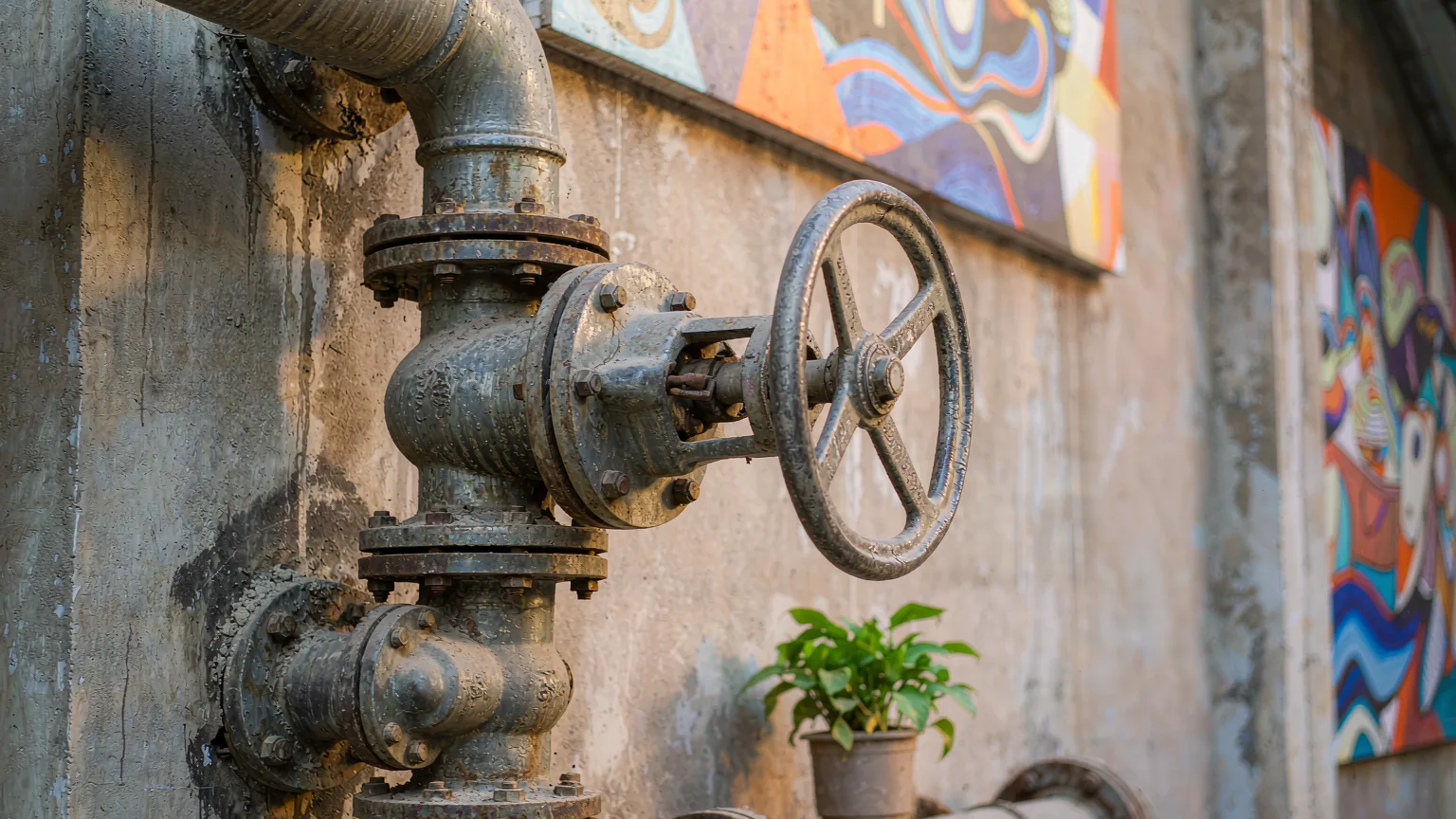 Close-up of industrial pipe and valve on concrete wall in OCT Loft