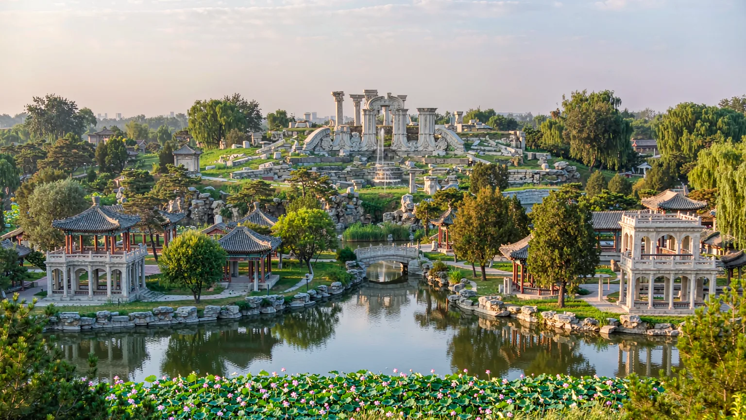 Panoramic view of Old Summer Palace blending Chinese gardens and European ruins